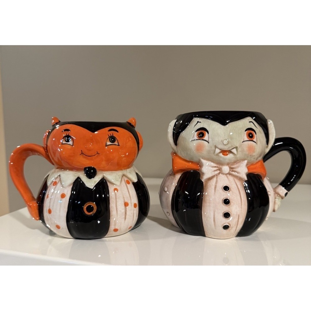 Johanna Parker Halloween Pumpkin Peep Mugs Set Of 2 Dracula & Devil New Vintage